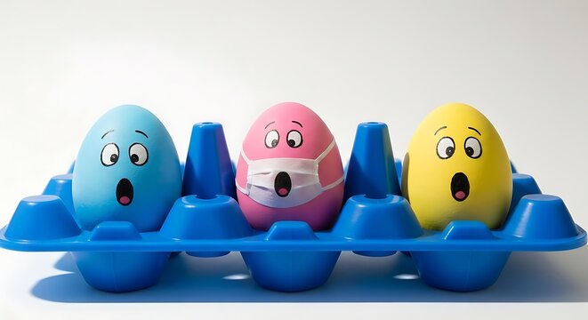 Three cartoon eggs in a blue carton wearing masks and looking surprised