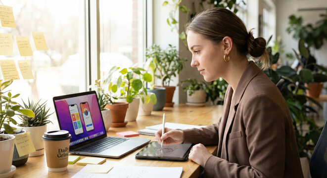 A woman designs apps on a laptop at a bright workspace surrounded by plants