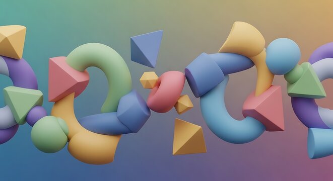 Abstract 3D Shapes Floating in Colorful Gradient Background.