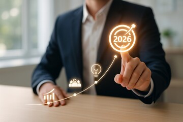 Roadmap 2026 business strategy concept featuring an executive hand pointing at the target milestone, great for corporate planning decks, organizational development, annual goals, and growth strategy 
