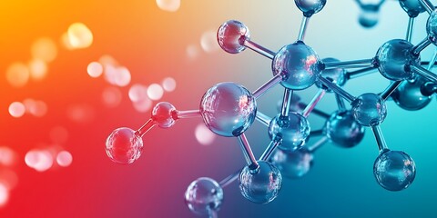 Close up of a molecule structure with blue spheres and connecting rods on a colorful background