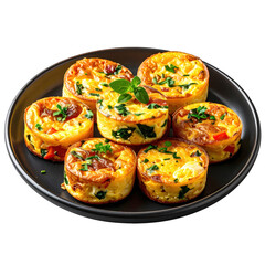 Mini frittata muffin bites with herbs and cheese on a dark plate, isolated on a dark background for food styling