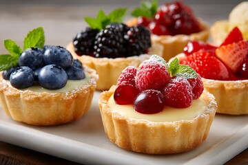 Individual cheesecake tartlets in crisp pastry shells, each with different fruit toppings in a pastel color palette 