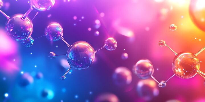 A vibrant rendering of molecular structures with glowing spheres and connecting rods on a colorful background