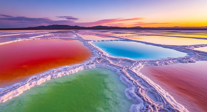Vibrant, Multi-Colored Salt Ponds at Sunset/Sunrise, Abstract Landscape of Colorful Water Pools in a Salt Flat.

