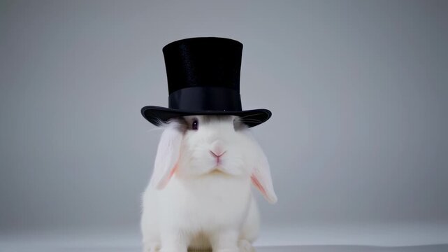 A white rabbit, wearing a black top hat, faces the viewer against a plain grey backdrop