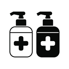 Obraz premium Two hand sanitizer bottles with a cross symbol are shown in silhouette.