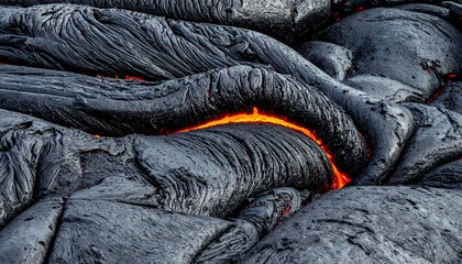 Close-up view of molten lava flowing over cooled, textured volcanic rock