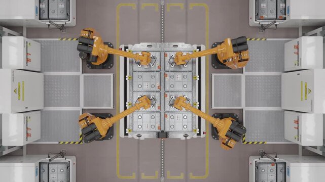 Fully automated EV production line with robotic arms assembling battery modules for the automotive industry. Modern autonomous car factory. Top view. Looping 3d animation render