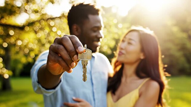 Happy interracial couple holding up new house key outdoors with bright sun flare in background