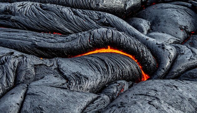 Close-up view of molten lava flowing over cooled, textured volcanic rock