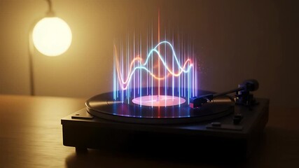 Vinyl Record Player with Digital Music Visualizer, Retro Tech Fusion Aesthetic, Warm Light