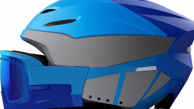 Futuristic helmet in blue shades with angular design and visor, side view