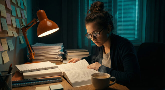 Student reads and studies late at night with a warm light and a coffee