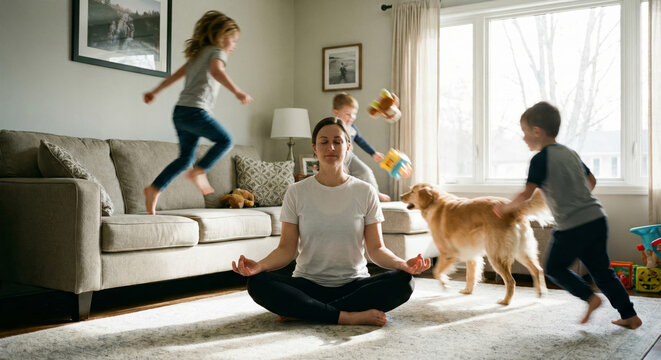 A parent meditates peacefully as kids play joyfully in a cozy living room