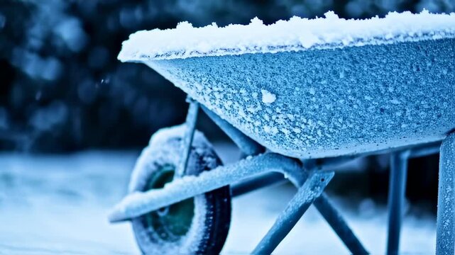 A snow-covered wheelbarrow details under a blue hue, showcasing the icy winter conditions