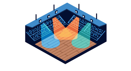 Isometric indoor arena with colorful spotlights and audience in blue seating