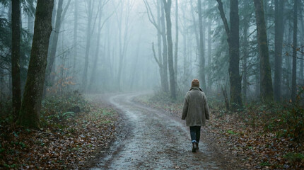 A woman strolls along a winding path in a foggy forest during a cool day