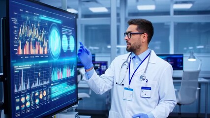 A professional in lab coat gestures towards a digital interface displaying data - Powered by Adobe