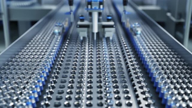 Automated robotic arm precision filling vials in pharmaceutical manufacturing process for efficient production and quality control