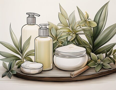 an elegant linear art drawing presents a soothing spa day themed with lotions plants and facial care - Powered by Adobe