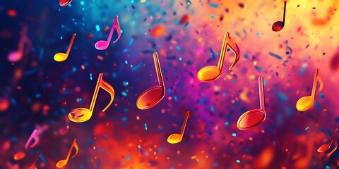 Colorful music notes floating amidst a vibrant explosion of confetti and abstract background art