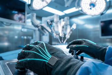 Gloved hands operate equipment in a high-tech control room setting for medical procedures