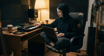 Music producer works focused in sound studio with instruments and laptop