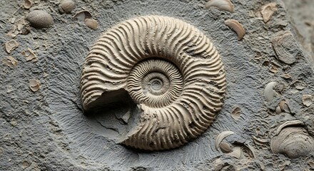 Detailed Close-up of an Ammonite Fossil Embedded in Gray Sedimentary Rock with Visible Sutures and Shell Fragments.

