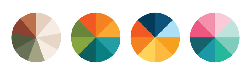 Pie chart set. Colorful diagram collection with sections or steps. 1,2,3,4,56,7,8,9,10,11,12 segment infographic. Circle pie chart diagram. Set of colorful pie charts with varying segments. eps 10