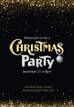 Christmas party vertical poster template with black background, golden title, silver glitter lettering and sparkles. Ideal for festive invitations, banners and seasonal design.