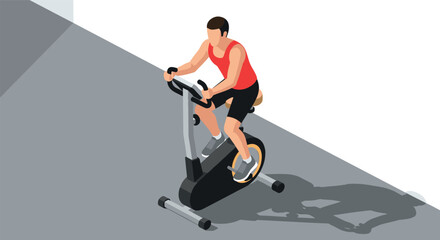 Obraz premium Fitness enthusiast in bright red shirt exercising on stationary bike