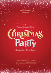 Christmas party poster template with red vertical background, golden and silver glitter lettering, glowing frame and sparkles. Ideal for invitations, banners and holiday design.