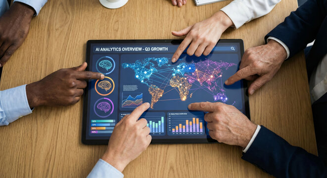 Team members analyze ai growth data on a tablet during a meeting in a modern office