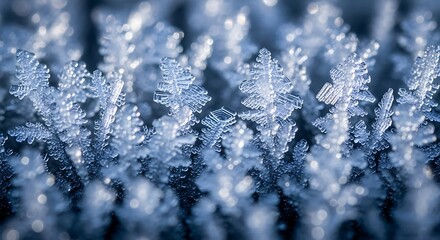 Obraz premium Extreme Macro Shot of Delicate Ice Crystals (Hoar Frost) Growing Upward, Illuminated by Bright Backlighting.