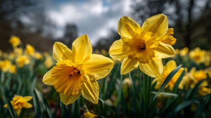 Fototapeta premium Close up view of a field of daffodils in bloom on a sunny day with a blurred background outdoors
