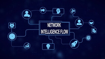 Network Intelligence Flow Diagram with Connected Icons and Blue Digital Background concept - Powered by Adobe
