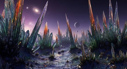 Alien Landscape Covered in Towering, Iridescent Crystal Formations Under a Starry, Purple Nebula Sky.

