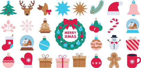 Christmas holiday icons featuring festive decorations, winter elements, gifts, ornaments, snow symbols, cheerful colorful design