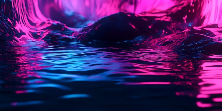 Abstract neon landscape with water reflecting pink and blue light creating a surreal atmosphere