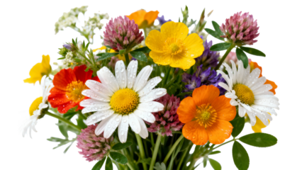 Colorful wildflower bouquet with fresh dew drops arranged in a simple style