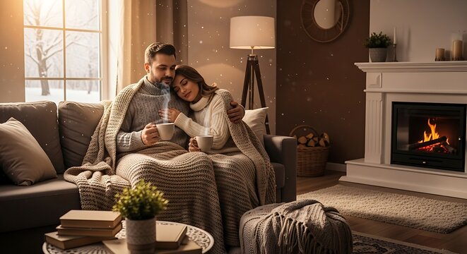Cozy Couple Enjoying Winter Evening by Fireplace with Hot Drinks.