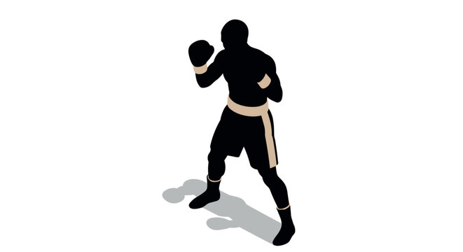 Silhouette of a boxer in fighting stance with shadow effect on white background