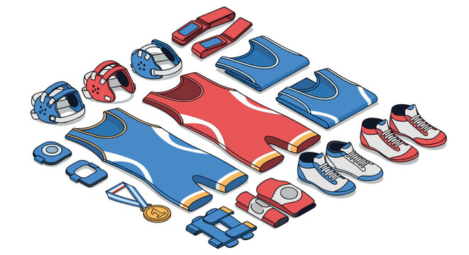 Isometric wrestling gear set with apparel, shoes, and protective headgear