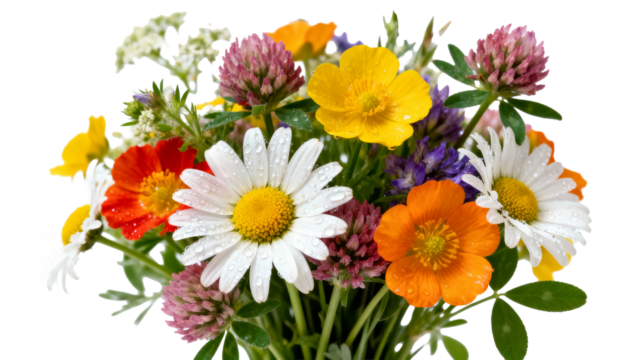 Colorful wildflower bouquet with fresh dew drops arranged in a simple style
