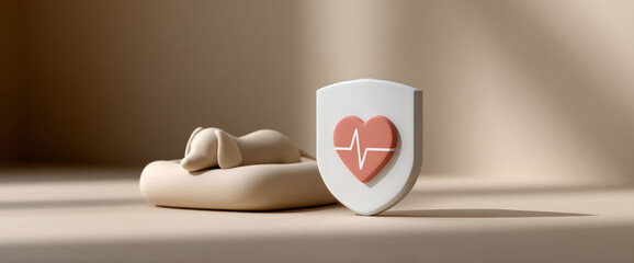 Minimalistic 3D illustration of a sleeping dog on a cushion with a heart and heartbeat shield symbol representing pet health protection