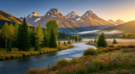 Majestic Mountain Landscape with Winding River and Golden Sunrise.