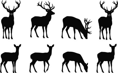 Set of black deer silhouettes in various poses, perfect for design and illustration projects, capturing graceful wildlife