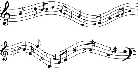 Dynamic musical notation illustration featuring wavy staffs adorned with black notes, clefs, and symbols, representing flowing harmony, rhythm, and the artistic essence of musical composition