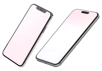 Two modern smartphones side by side isolated on transparent background